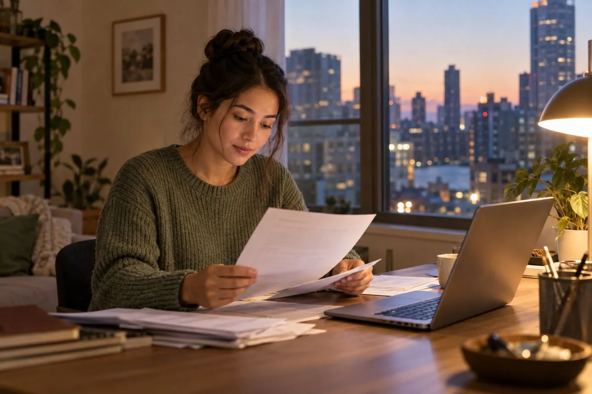 A young graduate reading paperwork at a desk by a city window